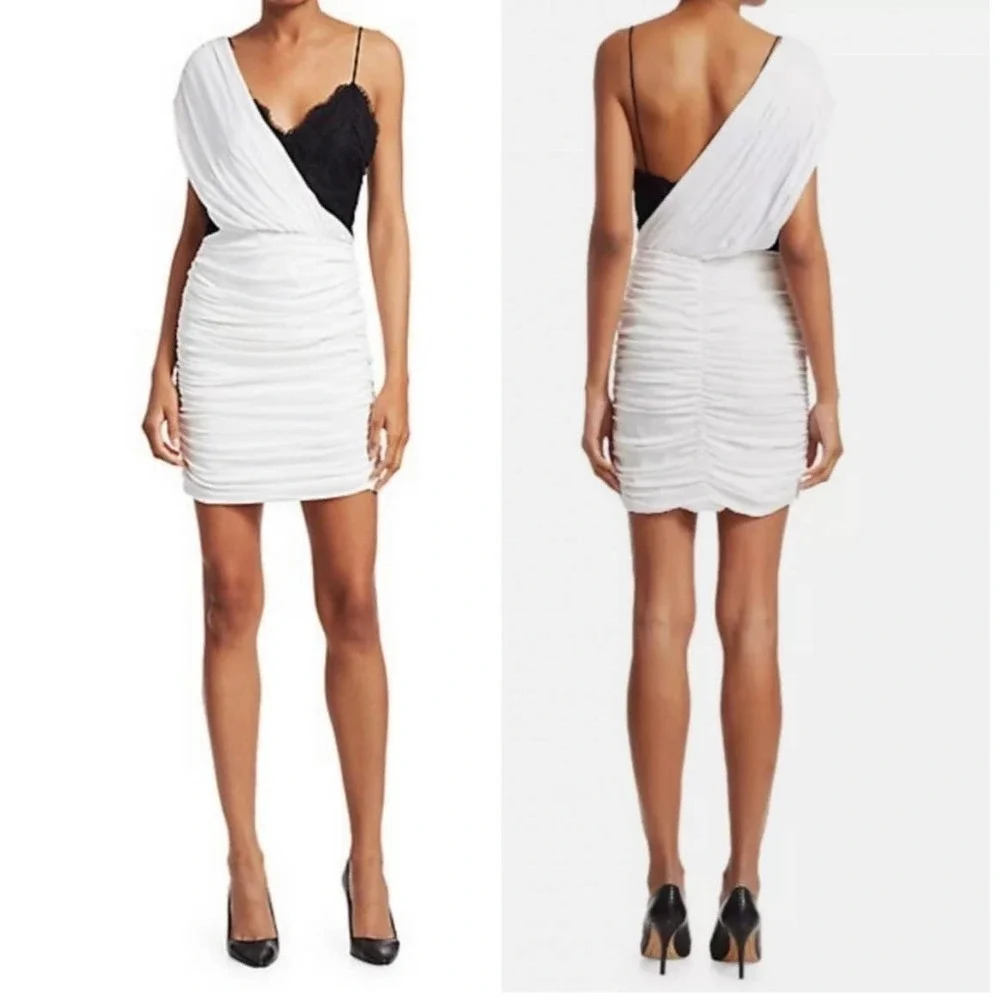 ALICE + OLIVIA Bianca Ruched One-Shoulder Stretch Silk Mini Dress White Size‎ 8
